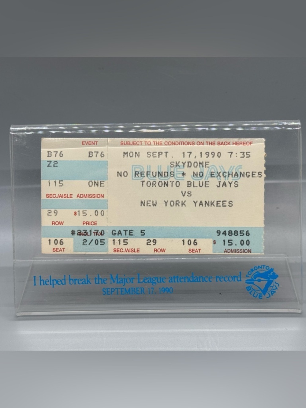 1990 Toronto Blue Jays SkyDome Ticket Stub w/ Display – Attendance Record